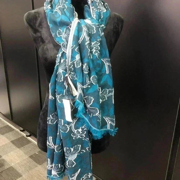 Ann Taylor Wrap/scarf, fringe trim, oversized,Dark Aqua/blue/gray - Picture 7 of 8